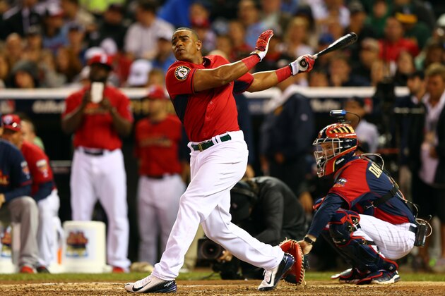 MINNEAPOLIS, MN - JULY 14:  American League All-Star Yoenis Cespedes #52 of the Oakland A's bats during the Gillette Home Run Derby at Target Field on July 14, 2014 in Minneapolis, Minnesota.  (Photo by Elsa/Getty Images)