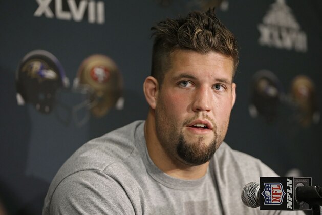 San Francisco 49ers guard Alex Boone talks with reporters during a news conference on Monday, Jan. 28, 2013, in New Orleans. The 49ers are scheduled to play the Baltimore Ravens in the NFL Super Bowl XLVII football game on Feb. 3. (AP Photo/Mark Humphrey)