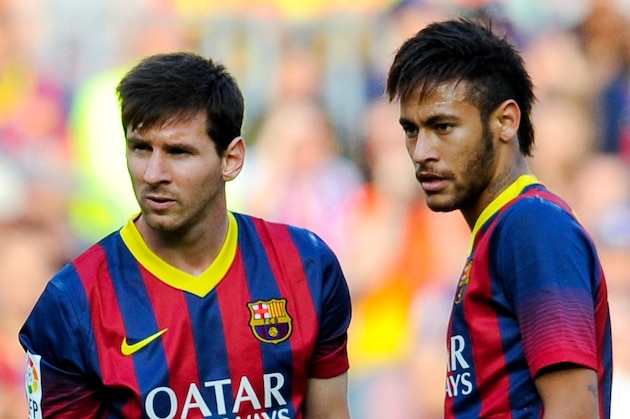 BARCELONA, SPAIN - MAY 17: Lionel Messi (L) and Neymar of FC Barcelona look on during the La Liga match between FC Barcelona and Club Atletico de Madrid at Camp Nou on May 17, 2014 in Barcelona, Spain. (Photo by David Ramos/Getty Images)