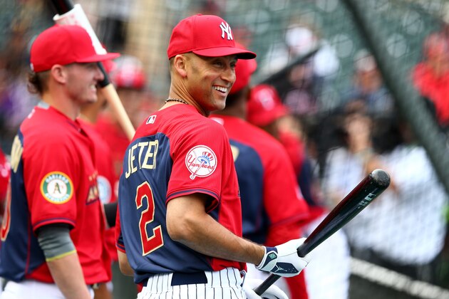 MINNEAPOLIS, MN - JULY 14:  Derek Jeter of the New York Yankees looks on during the Gatorade All-Star Workout Day at Target Field on July 14, 2014 in Minneapolis, Minnesota.  (Photo by Elsa/Getty Images)