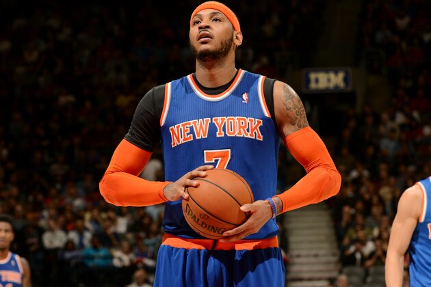 TORONTO, CANADA - April 11: Carmelo Anthony #7 of the New York Knicks attempts a free throw against the Toronto Raptors on April 11, 2014 at the Air Canada Centre in Toronto, Ontario, Canada.  NOTE TO USER: User expressly acknowledges and agrees that, by downloading and or using this Photograph, user is consenting to the terms and conditions of the Getty Images License Agreement.  Mandatory Copyright Notice: Copyright 2014 NBAE (Photo by Ron Turenne/NBAE via Getty Images)