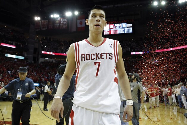 Apr 30, 2014; Houston, TX, USA; Houston Rockets guard Jeremy Lin (7) following the end of the game against the Portland Trail Blazers in game five of the first round of the 2014 NBA Playoffs at Toyota Center. Mandatory Credit: Andrew Richardson-USA TODAY Sports