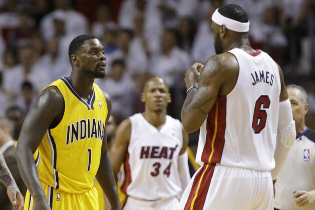 Indiana Pacers guard Lance Stephenson (1) and Miami Heat forward LeBron James (6) exchange words on the court during the first half Game 6 in the NBA basketball playoffs Eastern Conference finals on Friday, May 30, 2014, in Miami. (AP Photo/Lynne Sladky) Indiana Pacers guard Lance Stephenson (1) and Miami Heat forward LeBron James (6) exchange words on the court during the first half Game 6 in the NBA basketball playoffs Eastern Conference finals on Friday, May 30, 2014, in Miami. (AP Photo/Lynne Sladky)