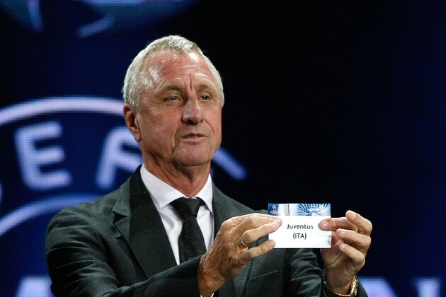 Former player Johan Cruyff of Netherlands,  shows the name of Juventus, who will play Group B,  during the UEFA Champions League draw in Monaco, Thursday, Aug. 29, 2013. (AP Photo/Claude Paris)