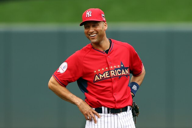 MINNEAPOLIS, MN - JULY 15:  American League All-Star Derek Jeter #2 of the New York Yankees takes the field for batting practice prior to the 85th MLB All-Star Game at Target Field on July 15, 2014 in Minneapolis, Minnesota.  (Photo by Elsa/Getty Images)
