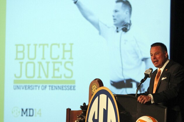 Tennessee coach Butch Jones speaks to the media at the Southeastern Conference NCAA college football media days, Tuesday, July 15, 2014, in Hoover, Ala. (AP Photo/Butch Dill)