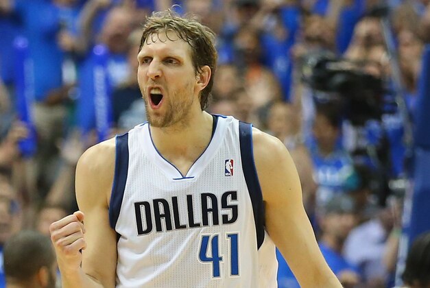 DALLAS, TX - MAY 02: Dirk Nowitzki #41 of the Dallas Mavericks celebrates during play against the San Antonio Spurs in Game Six of the Western Conference Quarterfinals during the 2014 NBA Playoffs at American Airlines Center on May 2, 2014 in Dallas, Texas. NOTE TO USER: User expressly acknowledges and agrees that, by downloading and or using this photograph, User is consenting to the terms and conditions of the Getty Images License Agreement. (Photo by Ronald Martinez/Getty Images) DALLAS, TX - MAY 02: Dirk Nowitzki #41 of the Dallas Mavericks celebrates during play against the San Antonio Spurs in Game Six of the Western Conference Quarterfinals during the 2014 NBA Playoffs at American Airlines Center on May 2, 2014 in Dallas, Texas. NOTE TO USER: User expressly acknowledges and agrees that, by downloading and or using this photograph, User is consenting to the terms and conditions of the Getty Images License Agreement. (Photo by Ronald Martinez/Getty Images)