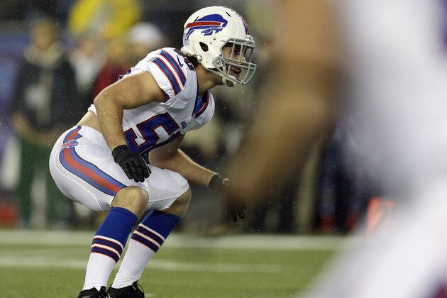 Buffalo Bills linebacker Kiko Alonso warms up before an NFL football game against the New England Patriots Sunday, Dec. 29, 2013, in Foxborough, Mass. (AP Photo/Steven Senne)
