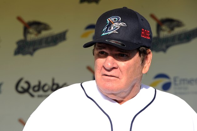 BRIDGEPORT, CT - JUNE 16:  Former Major League Baseball player Pete Rose speaks at a press conference prior to managing the game for the Bridgeport Bluefish against the Lancaster Barnstormers at The Ballpark at Harbor Yard on June 16, 2014 in Bridgeport, Connecticut. (Photo by Christopher Pasatieri/Getty Images)