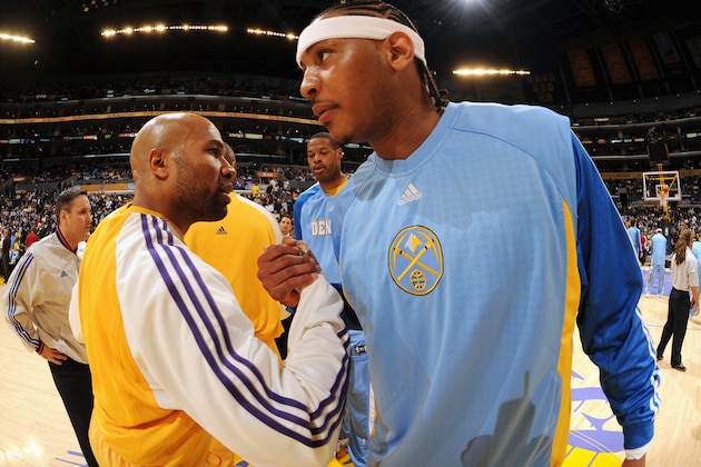 LOS ANGELES - APRIL 23: Derek Fisher #2 of the Los Angeles Lakers greets Carmelo Anthony #15 of the Denver Nuggets prior to Game Two of the Western Conference Quarterfinals during the 2008 NBA Playoffs at Staples Center on April 23, 2008 in Los Angeles, California. The Lakers won 122-107. NOTE TO USER: User expressly acknowledges and agrees that, by downloading and/or using this Photograph, user is consenting to the terms and conditions of the Getty Images License Agreement. Mandatory Copyright Notice: Copyright 2008 NBAE (Photo by Andrew D. Bernstein/NBAE via Getty Images) LOS ANGELES - APRIL 23: Derek Fisher #2 of the Los Angeles Lakers greets Carmelo Anthony #15 of the Denver Nuggets prior to Game Two of the Western Conference Quarterfinals during the 2008 NBA Playoffs at Staples Center on April 23, 2008 in Los Angeles, California. The Lakers won 122-107. NOTE TO USER: User expressly acknowledges and agrees that, by downloading and/or using this Photograph, user is consenting to the terms and conditions of the Getty Images License Agreement. Mandatory Copyright Notice: Copyright 2008 NBAE (Photo by Andrew D. Bernstein/NBAE via Getty Images)