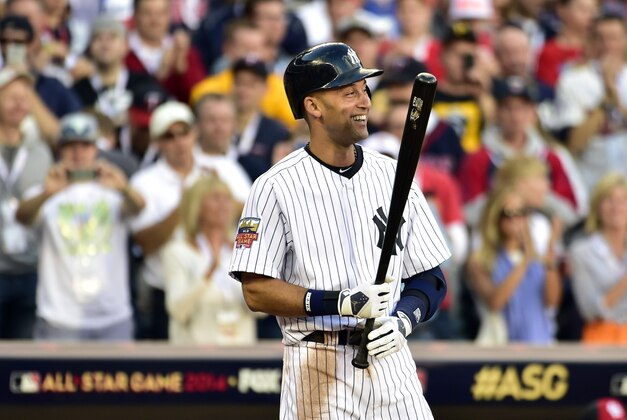 Jul 15, 2014; Minneapolis, MN, USA; American League infielder Derek Jeter (2) of the New York Yankees comes up to bat in the first inning during the 2014 MLB All Star Game at Target Field. Mandatory Credit: Scott Rovak-USA TODAY Sports Jul 15, 2014; Minneapolis, MN, USA; American League infielder Derek Jeter (2) of the New York Yankees comes up to bat in the first inning during the 2014 MLB All Star Game at Target Field. Mandatory Credit: Scott Rovak-USA TODAY Sports