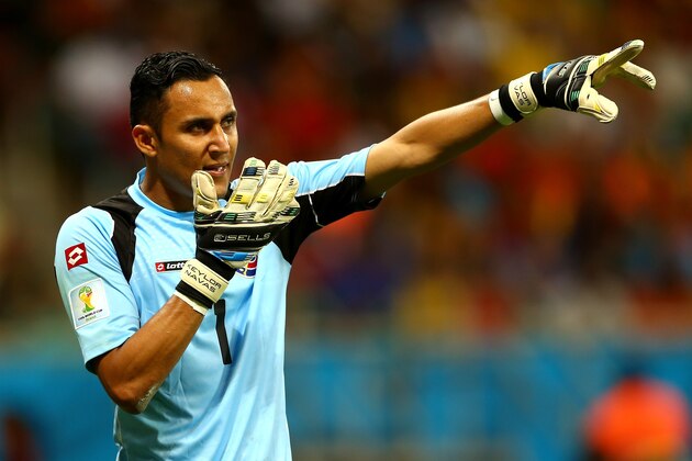 SALVADOR, BRAZIL - JULY 05:  Goalkeeper Keylor Navas of Costa Rica gestures during the 2014 FIFA World Cup Brazil Quarter Final match between the Netherlands and Costa Rica at Arena Fonte Nova on July 5, 2014 in Salvador, Brazil.  (Photo by Michael Steele/Getty Images)
