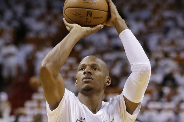 Miami Heat guard Ray Allen (34) warms up before Game 4 of the NBA basketball finals against the San Antonio Spurs, Thursday, June 12, 2014, in Miami. (AP Photo/Lynne Sladky) Miami Heat guard Ray Allen (34) warms up before Game 4 of the NBA basketball finals against the San Antonio Spurs, Thursday, June 12, 2014, in Miami. (AP Photo/Lynne Sladky)