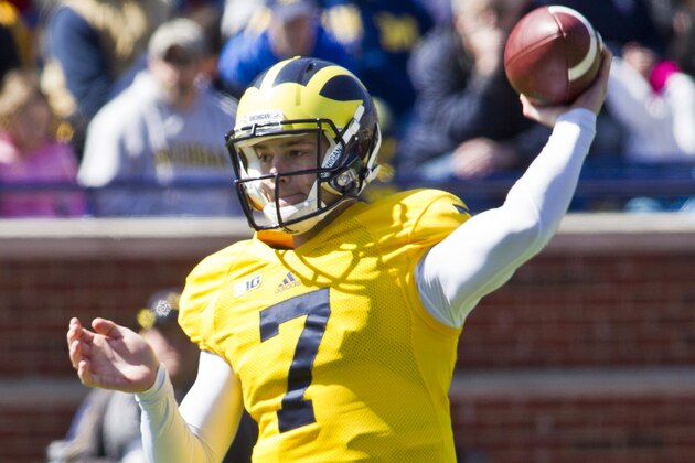 Michigan quarterback Shane Morris (7) throws a pass during the football team's annual spring game, Saturday, April 5, 2014, in Ann Arbor, Mich. (AP Photo/Tony Ding)