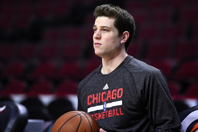Apr 14, 2014; Chicago, IL, USA; Chicago Bulls guard Jimmer Fredette (32) warms up before the game against the Orlando Magic at United Center. Mandatory Credit: Mike DiNovo-USA TODAY Sports