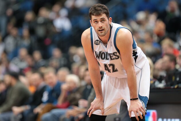 MINNEAPOLIS, MN - JANUARY 8:  Kevin Love #42 of the Minnesota Timberwolves stands on the court against the Phoenix Suns on January 8, 2014 at Target Center in Minneapolis, Minnesota. NOTE TO USER: User expressly acknowledges and agrees that, by downloading and or using this Photograph, user is consenting to the terms and conditions of the Getty Images License Agreement. Mandatory Copyright Notice: Copyright 2014 NBAE (Photo by Jordan Johnson/NBAE via Getty Images)