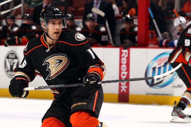 ANAHEIM, CA - APRIL 8:  Matthew Lombardi #19 of the Anaheim Ducks skates during the game against the Edmonton Oilers on April 8, 2013 at Honda Center in Anaheim, California. (Photo by Debora Robinson/NHLI via Getty Images)
