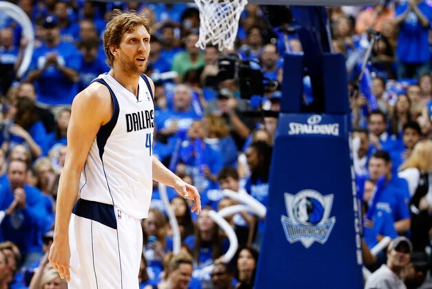 May 2, 2014; Dallas, TX, USA; Dallas Mavericks forward Dirk Nowitzki (41) during the game against the San Antonio Spurs in game six of the first round of the 2014 NBA Playoffs at American Airlines Center. Dallas won 113-111.  Mandatory Credit: Kevin Jairaj-USA TODAY Sports