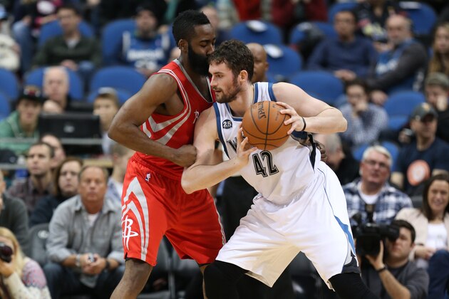 MINNEAPOLIS, MN - FEBRUARY 10: Kevin Love #42 of the Minnesota Timberwolves posts up during the game against the Houston Rockets on February 10, 2014 at Target Center in Minneapolis, Minnesota. NOTE TO USER: User expressly acknowledges and agrees that, by downloading and or using this Photograph, user is consenting to the terms and conditions of the Getty Images License Agreement. Mandatory Copyright Notice: Copyright 2014 NBAE (Photo by Jordan Johnson/NBAE via Getty Images)