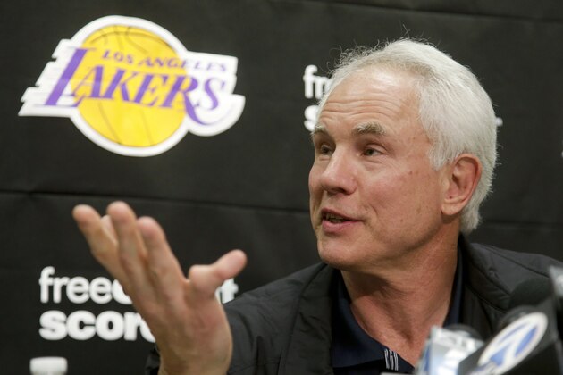 Los Angeles Lakers general manager Mitch Kupchak talks during a news conference in El Segundo, Calif., Tuesday, Feb. 19, 2013, about the death of team owner Jerry Buss. Buss died in Los Angeles on Monday. (AP Photo/Chris Carlson)