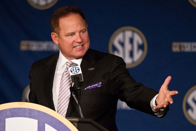 Jul 16, 2014; Hoover, AL, USA; LSU Tigers head coach Les Miles talks to the media during the SEC Football Media Days at the Wynfrey Hotel. Mandatory Credit: Marvin Gentry-USA TODAY Sports