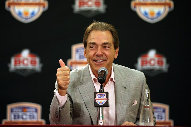 FORT LAUDERDALE, FL - JANUARY 08:  Head coach Nick Saban of the Alabama Crimson Tide speaks to the media during the Discover BCS National Championship Press Conference at the Harbor Beach Marriott on January 8, 2013 in Fort Lauderdale, Florida.  (Photo by Streeter Lecka/Getty Images)