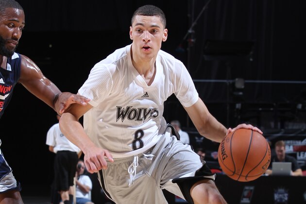 LAS VEGAS, NV - JULY 13:  Zach LaVine #8 of the Minnesota Timberwolves handles the ball against the Washington Wizards at the Samsung NBA Summer League 2014 at the Samsung NBA Summer League 2014 on July 13, 2014 at the Thomas & Mack Center in Las Vegas, Nevada. NOTE TO USER: User expressly acknowledges and agrees that, by downloading and or using this photograph, User is consenting to the terms and conditions of the Getty Images License Agreement. Mandatory Copyright Notice: Copyright 2014 NBAE (Photo by Jack Arent/NBAE via Getty Images)