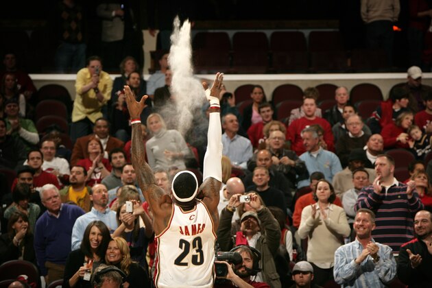 CLEVELAND - FEBRUARY 13: LeBron James #23 of the Cleveland Cavaliers throws up talc powder prior to a game against the San Antonio Spurs on February 13, 2008 at The Quicken Loans Arena in Cleveland, Ohio. NOTE TO USER: User expressly acknowledges and agrees that, by downloading and/or using this Photograph, user is consenting to the terms and conditions of the Getty Images License Agreement. Mandatory Copyright Notice: Copyright 2007 NBAE (Photo by David Liam Kyle/NBAE via Getty Images) CLEVELAND - FEBRUARY 13: LeBron James #23 of the Cleveland Cavaliers throws up talc powder prior to a game against the San Antonio Spurs on February 13, 2008 at The Quicken Loans Arena in Cleveland, Ohio. NOTE TO USER: User expressly acknowledges and agrees that, by downloading and/or using this Photograph, user is consenting to the terms and conditions of the Getty Images License Agreement. Mandatory Copyright Notice: Copyright 2007 NBAE (Photo by David Liam Kyle/NBAE via Getty Images)