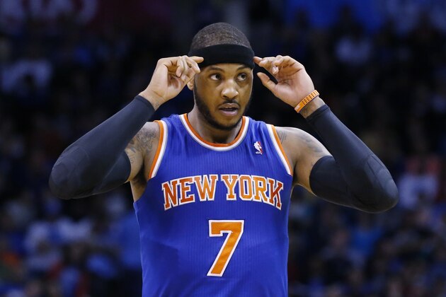 New York Knicks forward Carmelo Anthony (7) is pictured during an NBA basketball game between the New York Knicks and the Oklahoma City Thunder in Oklahoma City, Sunday, Feb. 9, 2014. (AP Photo/Sue Ogrocki)