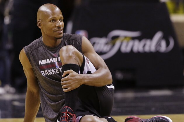 Miami Heat guard Ray Allen warms up during basketball practice on Wednesday, June 4, 2014 in San Antonio. They play Game 1 of the NBA Finals against the San Antonio Spurs on Thursday. (AP Photo/Eric Gay)