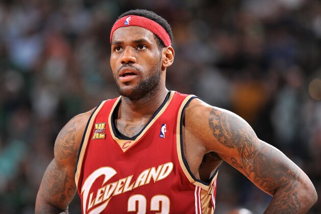BOSTON - MAY 13:  LeBron James #23 of the Cleveland Cavaliers looks across the court in Game Six of the Eastern Conference Semifinals against the Boston Celtics during the 2010 NBA Playoffs on May 13, 2010 at TD Banknorth Garden in Boston, Massachusetts.  The Celtics won 94-85.  NOTE TO USER: User expressly acknowledges and agrees that, by downloading and/or using this Photograph, user is consenting to the terms and conditions of the Getty Images License Agreement. Mandatory Copyright Notice: Copyright 2010 NBAE (Photo by Jesse D. Garrabrant/NBAE via Getty Images)
