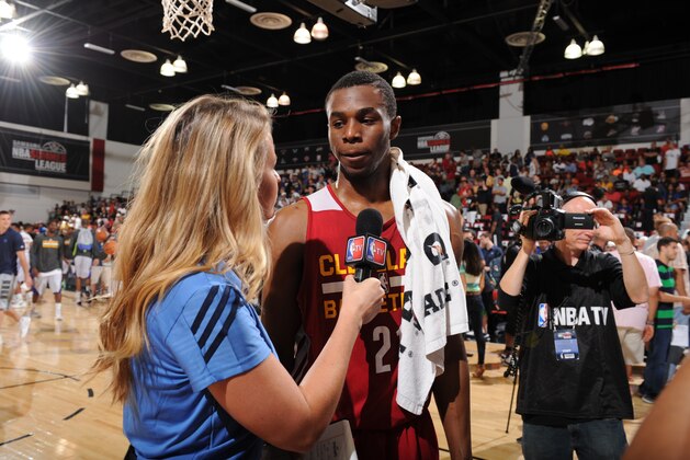 LAS VEGAS, NV - JULY 14:  Andrew Wiggins #21 of the Cleveland Cavaliers speaks with the media during the Samsung NBA Summer League 2014  at the Cox Pavilion on July 14, 2014 in Las Vegas, Nevada. NOTE TO USER: User expressly acknowledges and agrees that, by downloading and or using this photograph, User is consenting to the terms and conditions of the Getty Images License Agreement. Mandatory Copyright Notice: Copyright 2014 NBAE (Photo by Garrett Ellwood/NBAE via Getty Images)