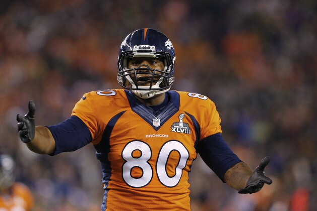 Denver Broncos tight end Julius Thomas (80) calls for a flag against the Seattle Seahawks during the NFL Super Bowl XLVIII football game at MetLife Stadium Sunday, Feb. 2, 2014, in East Rutherford, N.J. The Seahawks won 43-8. (AP Photo/Paul Sancya)