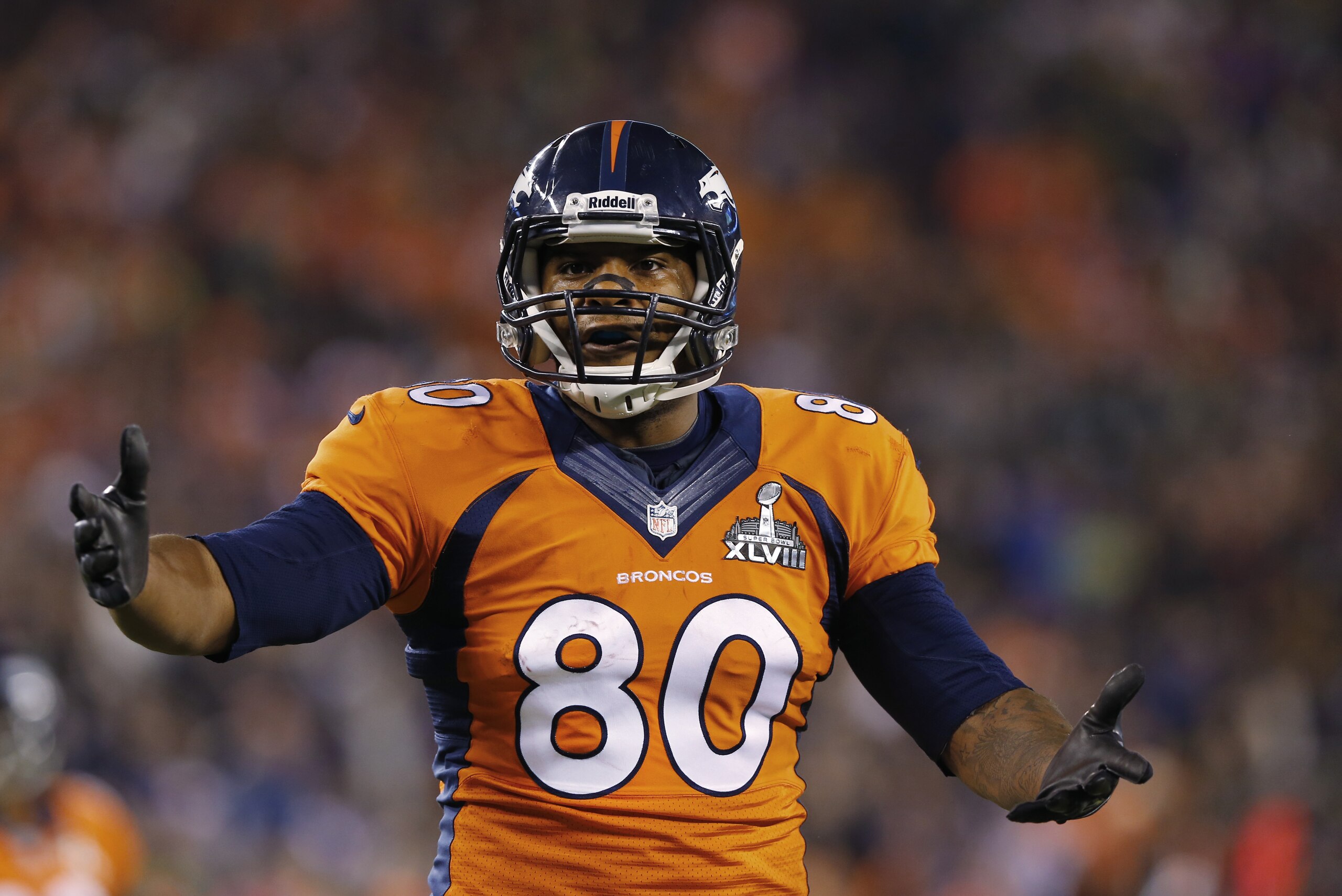 Denver Broncos tight end Julius Thomas (80) calls for a flag against the Seattle Seahawks during the NFL Super Bowl XLVIII football game at MetLife Stadium Sunday, Feb. 2, 2014, in East Rutherford, N.J. The Seahawks won 43-8. (AP Photo/Paul Sancya)