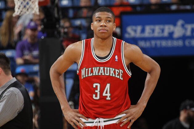 SACRAMENTO, CA - MARCH 23: Giannis Antetokounmpo #34 of the Milwaukee Bucks in a game against the Sacramento Kings on March 23, 2014 at Sleep Train Arena in Sacramento, California. NOTE TO USER: User expressly acknowledges and agrees that, by downloading and or using this photograph, User is consenting to the terms and conditions of the Getty Images Agreement. Mandatory Copyright Notice: Copyright 2014 NBAE (Photo by Rocky Widner/NBAE via Getty Images)