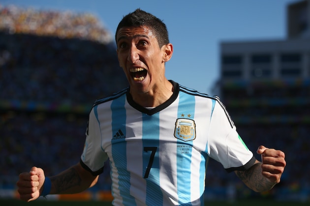 SAO PAULO, BRAZIL - JULY 01:  Angel di Maria of Argentina celebrates scoring his team's first goal in extra time during the 2014 FIFA World Cup Brazil Round of 16 match between Argentina and Switzerland at Arena de Sao Paulo on July 1, 2014 in Sao Paulo, Brazil.  (Photo by Julian Finney/Getty Images)
