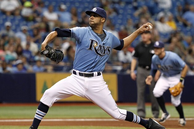 Jul 13, 2014; St. Petersburg, FL, USA; Tampa Bay Rays starting pitcher David Price (14) throws a pitch during the sixth inning against the Toronto Blue Jays at Tropicana Field. Mandatory Credit: Kim Klement-USA TODAY Sports
