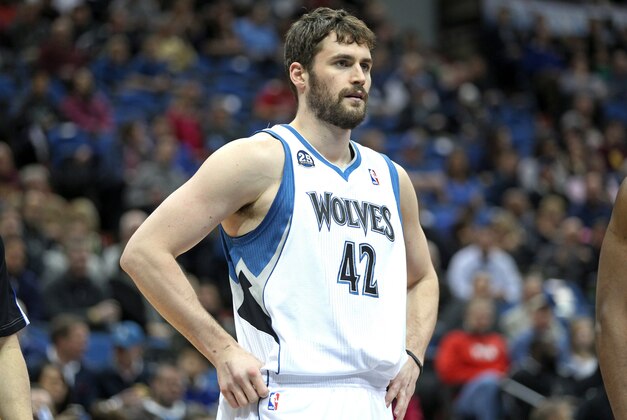 Feb 10, 2014; Minneapolis, MN, USA; Minnesota Timberwolves forward Kevin Love (42) against the Houston Rockets at Target Center. The Rockets defeated the Timberwolves 107-89. Mandatory Credit: Brace Hemmelgarn-USA TODAY Sports