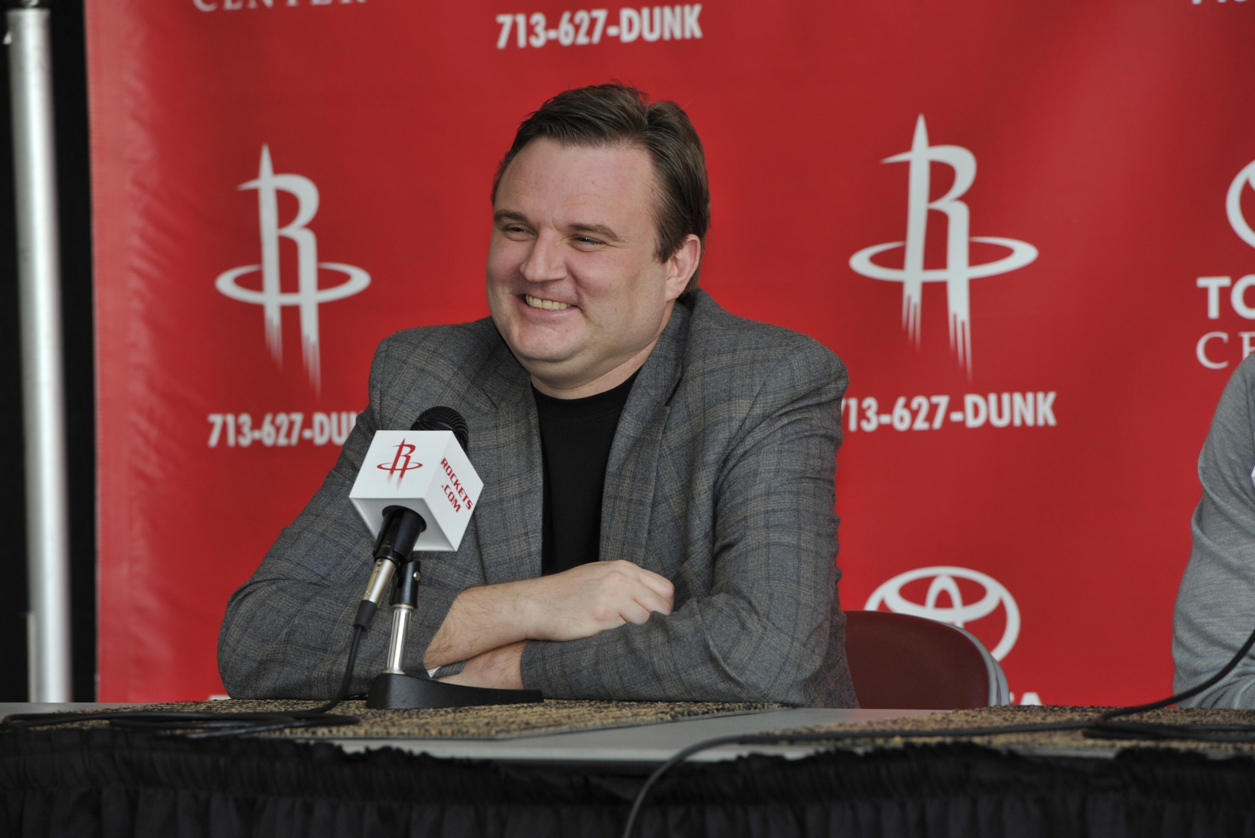 HOUSTON, TX - OCTOBER 29: General Manager Daryl Morey of the Houston Rockets speaks to the media as James Harden is introduced to the media on October 29, 2012 at Toyota Center in Houston, Texas. NOTE TO USER: User expressly acknowledges and agrees that, by downloading and/or using this photograph, user is consenting to the terms and conditions of the Getty Images License Agreement.  Mandatory Copyright Notice: Copyright 2012 NBAE (Photo by Bill Baptist/NBAE via Getty Images)