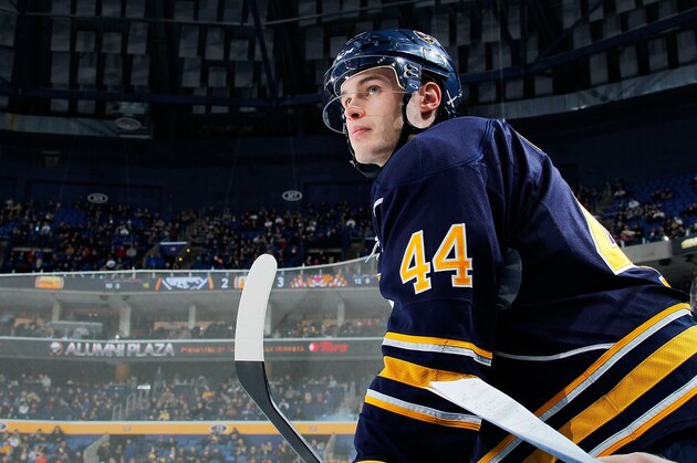 BUFFALO, NY - JANUARY 21:  Brayden McNabb #44 of the Buffalo Sabres watches the action against the Florida Panthers on January 21, 2014 at the First Niagara Center in Buffalo, New York.  (Photo by Bill Wippert/NHLI via Getty Images)