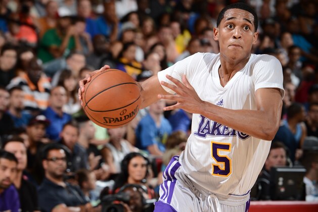 LAS VEGAS, NV - JULY 11: Jordan Clarkson #5 of the Los Angeles Lakers drives to the basket against the Toronto Raptors at the Samsung NBA Summer League 2014 on July 11, 2014 at the Cox Pavilion in Las Vegas, Nevada. NOTE TO USER: User expressly acknowledges and agrees that, by downloading and or using this photograph, User is consenting to the terms and conditions of the Getty Images License Agreement. Mandatory Copyright Notice: Copyright 2014 NBAE (Photo by Garrett Ellwood/NBAE via Getty Images) LAS VEGAS, NV - JULY 11: Jordan Clarkson #5 of the Los Angeles Lakers drives to the basket against the Toronto Raptors at the Samsung NBA Summer League 2014 on July 11, 2014 at the Cox Pavilion in Las Vegas, Nevada. NOTE TO USER: User expressly acknowledges and agrees that, by downloading and or using this photograph, User is consenting to the terms and conditions of the Getty Images License Agreement. Mandatory Copyright Notice: Copyright 2014 NBAE (Photo by Garrett Ellwood/NBAE via Getty Images)