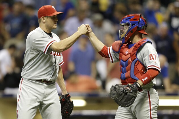 MILWAUKEE, WI - JULY 08: Jonathan Papelbon #58 of the Philadelphia Phillies celebrates with Koyie Hill #47 after the 9-7 win over the Milwaukee Brewers at Miller Park on July 08, 2014 in Milwaukee, Wisconsin. (Photo by Mike McGinnis/Getty Images)