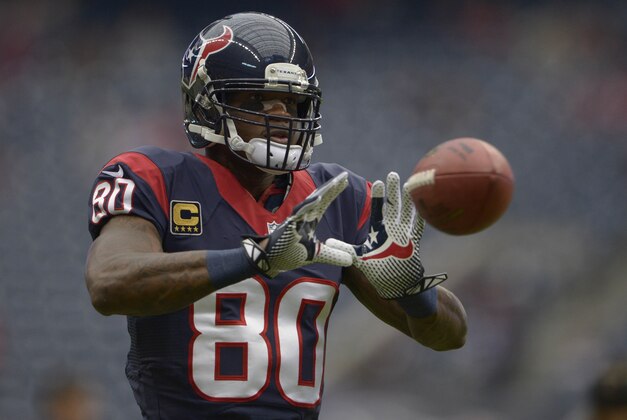 Nov 24, 2013; Houston, TX, USA; Houston Texans wide receiver Andre Johnson (80) warms up against the Jacksonville Jaguars before the game at Reliant Stadium. Mandatory Credit: Thomas Campbell-USA TODAY Sports
