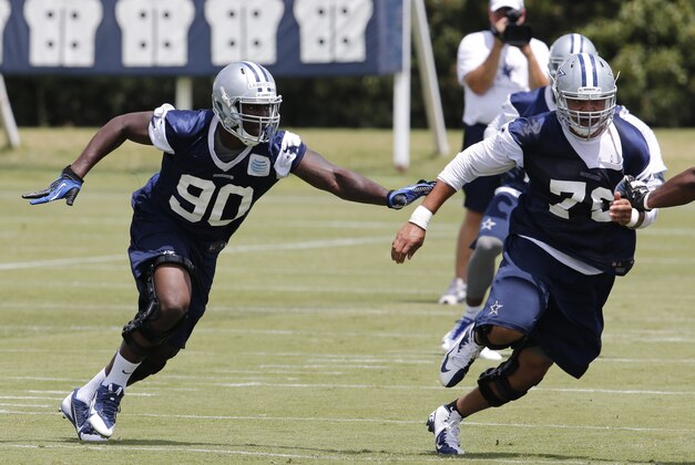 Jun 17, 2014; Dallas, TX, USA; Dallas Cowboys rookie defensive end DeMarcus Lawrence (90) during minicamp at Cowboys headquarters at Valley Ranch. Mandatory Credit: Matthew Emmons-USA TODAY Sports