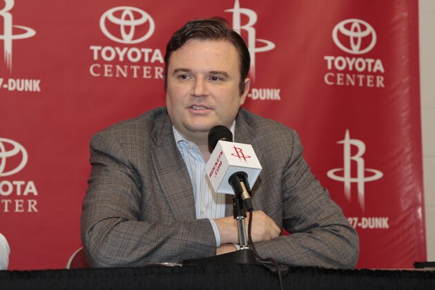 HOUSTON - JUNE 25: Daryl Morey (GM of the Houston Rockets) speaks during a press conference to announce Patrick Patterson after he was drafted by the Rockets at the Toyota Center on June 25, 2010 in Houston, Texas. NOTE TO USER: User expressly acknowledges and agrees that, by downloading and/or using this photograph, User is consenting to the terms and conditions of the Getty Images License Agreement. Mandatory Copyright Notice: Copyright 2010 NBAE  (Photo by Bill Baptist/NBAE via Getty Images)