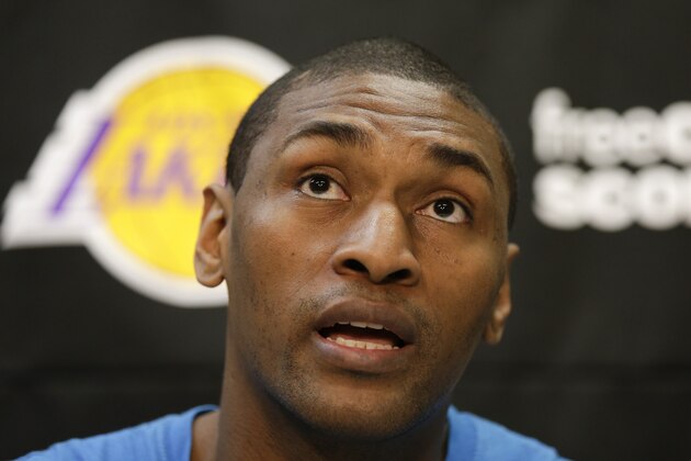 Los Angeles Lakers forward Metta World Peace talks to the media at their practice center in El Segundo, Calif., Monday, April 29, 2013. The Lakes lost in the first round of the playoffs to the San Antonio Spurs. (AP Photo/Chris Carlson)