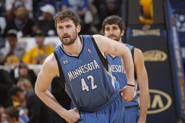 OAKLAND, CA - APRIL 14: Kevin Love #42 of the Minnesota Timberwolves during a game against the Golden State Warriors on April 14, 2014 at Oracle Arena in Oakland, California. NOTE TO USER: User expressly acknowledges and agrees that, by downloading and or using this photograph, user is consenting to the terms and conditions of Getty Images License Agreement. Mandatory Copyright Notice: Copyright 2014 NBAE (Photo by Rocky Widner/NBAE via Getty Images)