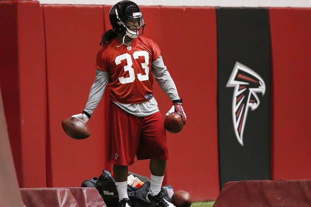 Atlanta Falcons rookie running back Devonta Freeman is shown during their rookie minicamp football practice Sunday, May 18, 2014 in Flowery Branch, Ga.  When Freeman was selected by Atlanta in the fourth round, he said he