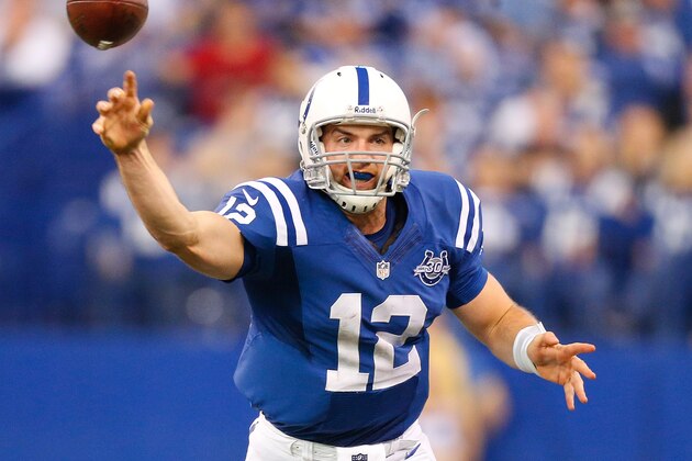 INDIANAPOLIS, IN - DECEMBER 01: Andrew Luck #12 of the Indianapolis Colts throws a third quarter pass while playing the Tennessee Titans at Lucas Oil Stadium on December 1, 2013 in Indianapolis, Indiana. Indianapolis won the game 22-14.  (Photo by Gregory Shamus/Getty Images)