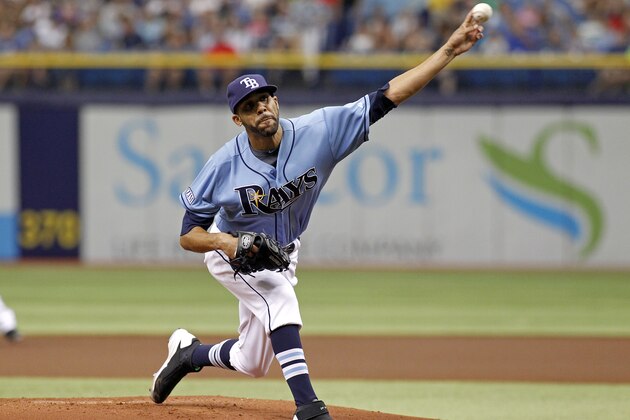 ST. PETERSBURG, FL - JULY 13:  David Price #14 of the Tampa Bay Rays pitches during the first inning of a game against the Toronto Blue Jays on July 13, 2014 at Tropicana Field in St. Petersburg, Florida.  (Photo by Brian Blanco/Getty Images)